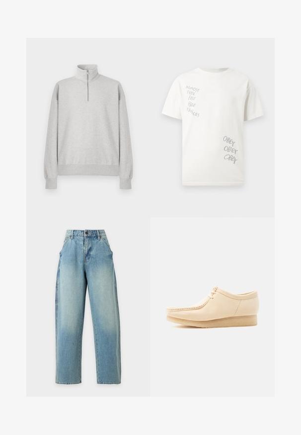 Lys grå zip-up sweatshirt med høj krave, ribbede manchetter og kant. Fremstillet af blødt, struktureret stof med en afslappet pasform.; Hvid T-shirt med korte ærmer med grå tekst på forsiden: "NÆSTEN GRATIS GRATIS GRATIS TJENESTER" på venstre bryst og "ADLYD ADLYD ADLYD" nederst til højre.; Lyseblå højtaljede vidde bukser i denim med forlommer og knaplukning på en ensfarvet baggrund.; Beige ruskindssko med snørebånd, crepe-sål, moc toe-syning og lav kilehæl, vist fra ydersiden på ensfarvet baggrund.