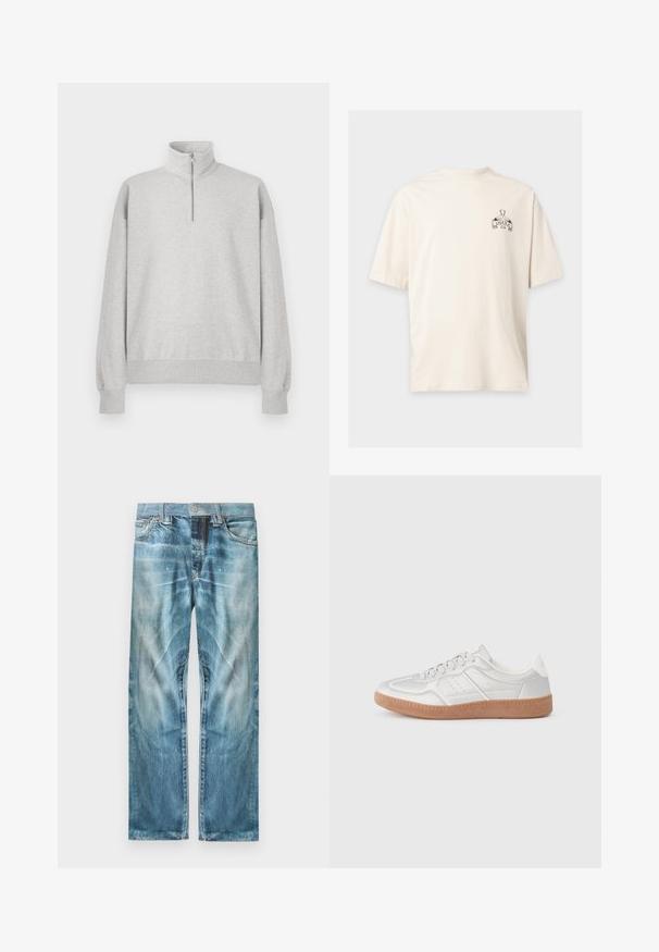 Lys grå zip-up sweatshirt med høj krave, ribbede manchetter og kant. Fremstillet af blødt, struktureret stof med en afslappet pasform.; Hvid t-shirt med korte ærmer med lille sort tekst Osaka og fuglelogo på venstre bryst.; Lyseblå falmede denimjeans med lige ben, forlommer, bæltestropper og knaplukning.; Sølv sneakers med en glat overflade, snørebånd, perforerede detaljer og en struktureret brun gummi sål.