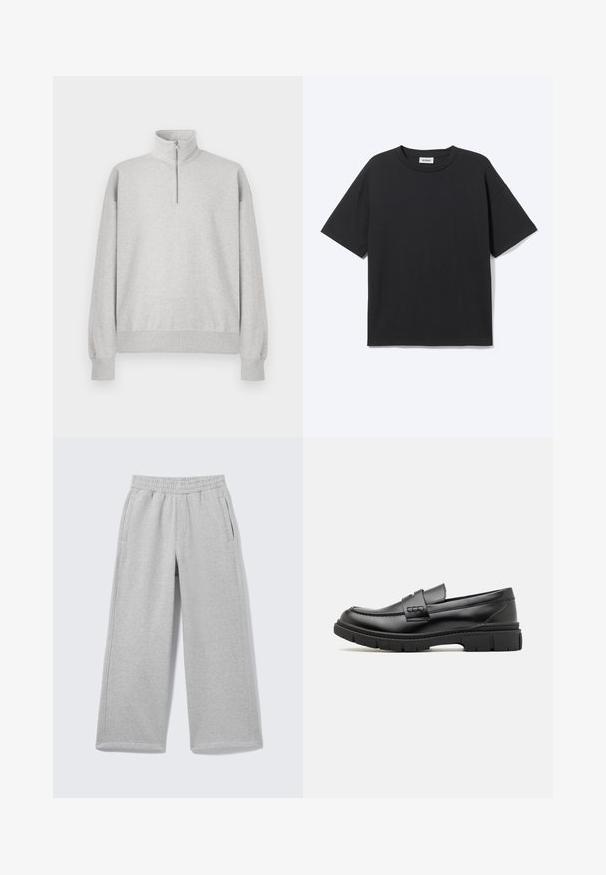 Lys grå zip-up sweatshirt med høj krave, ribbede manchetter og kant. Fremstillet af blødt, struktureret stof med en afslappet pasform.; Sort T-shirt med korte ærmer og rund hals med afslappet pasform, forfra, ensfarvet design og synligt Weekday-mærke inde i kraven.; Lysegrå sweatpants med vide ben, elastisk linning og sidelommer vist på en ensfarvet baggrund.; Sort læder loafersko med en bred rem over forfoden, gummisål med tykke mønstre og glat overflade. Klassisk, slankt design.
