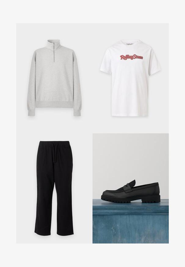 Lys grå zip-up sweatshirt med høj krave, ribbede manchetter og kant. Fremstillet af blødt, struktureret stof med en afslappet pasform.; Hvid kortærmet T-shirt med rød og sort "Rolling Stone" tekstlogo centreret på brystet.; Sorte bukser med lige ben, elastisk talje og snøre, vist fladt på en hvid baggrund.; Sort lædersko uden snørebånd med en tekstureret stofdetalje, en robust gummisål og en glat finish. Har diskrete syningsdetaljer.
