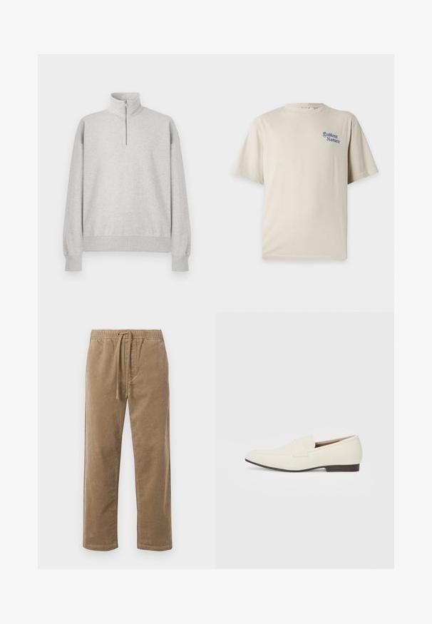 Lys grå zip-up sweatshirt med høj krave, ribbede manchetter og kant. Fremstillet af blødt, struktureret stof med en afslappet pasform.; Beige T-shirt med korte ærmer med blå tekst "Endless Nature" på venstre bryst og rund halsudskæring.; Brune fløjlsbukser med elastisk talje og snøre, der har en afslappet pasform og lige ben, struktureret overflade med ribbet mønster.; Lys beige loafers med spids tå, glat materiale, en rem over vampen og en lav brun sål. Simpelt design med minimale detaljer.