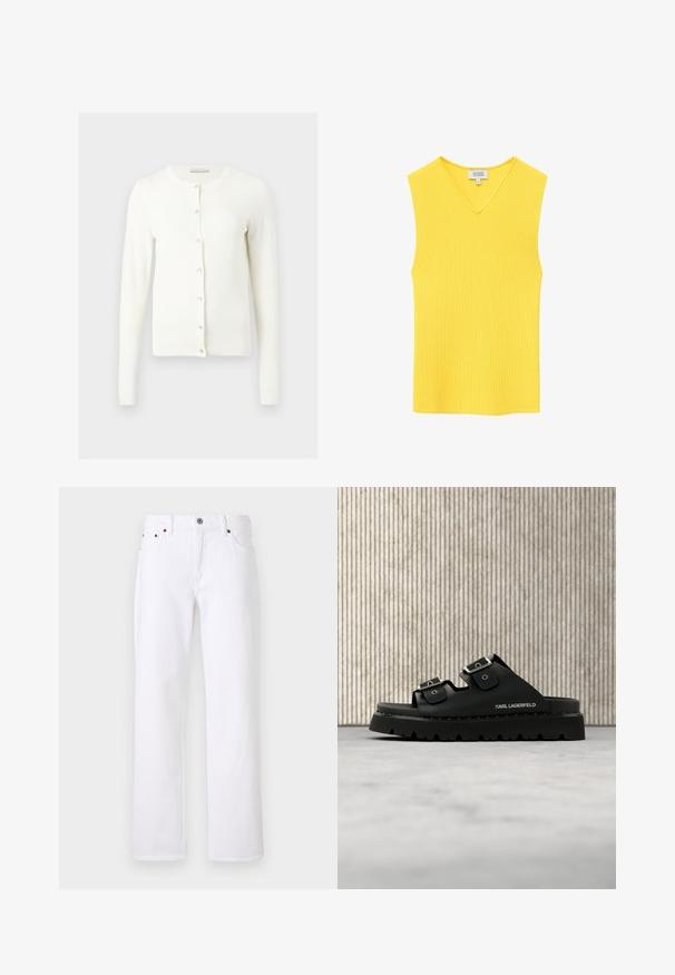 Cardigan blanc à manches longues avec encolure ronde et sept boutons devant, présenté à plat sur un fond gris clair.; Haut en maille jaune sans manches avec col en V et texture côtelée, étiqueté « & Other Stories » taille XS.; Jean en denim blanc avec coupe droite, comprenant cinq poches, des rivets en cuivre, une fermeture par bouton en métal et un motif de tissu texturé.; Sandale noire à glissière avec deux boucles argentées, semelle robuste et logo "Karl Lagerfeld" sur le côté, posée près d'une table ronde marron sur un sol beige.