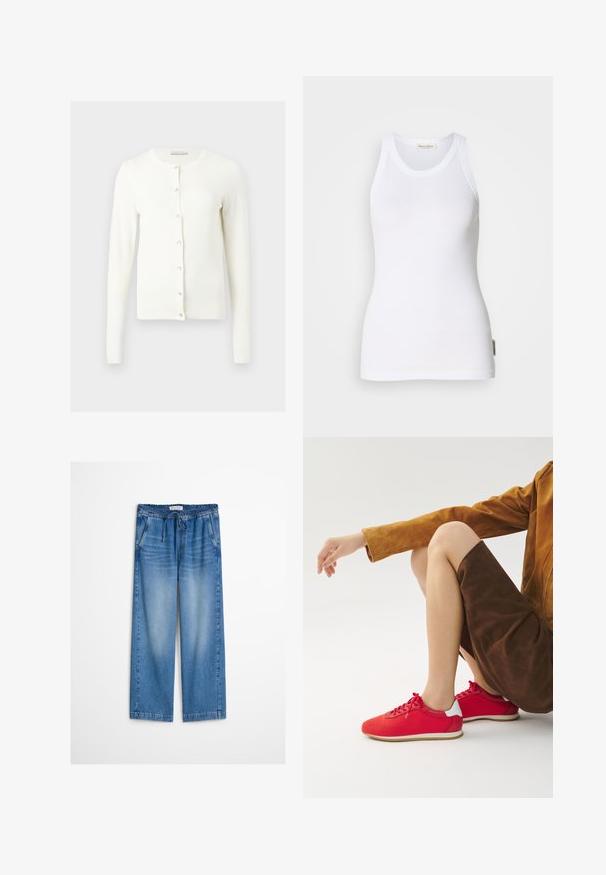 Cardigan blanc à manches longues avec encolure ronde et sept boutons devant, présenté à plat sur un fond gris clair.; Débardeur en coton blanc sans manches avec encolure ras du cou, côtés sans coutures et petite étiquette logo en bas à gauche. Texture lisse.; Pantalon en jean bleu clair à jambes larges avec taille élastique et cordon de serrage, présentant un léger délavage et une coupe décontractée.; Baskets rouges avec une tige en maille, des accents blancs au talon et des lacets. Présentées sur un fond neutre, associées à une jupe en suède marron.