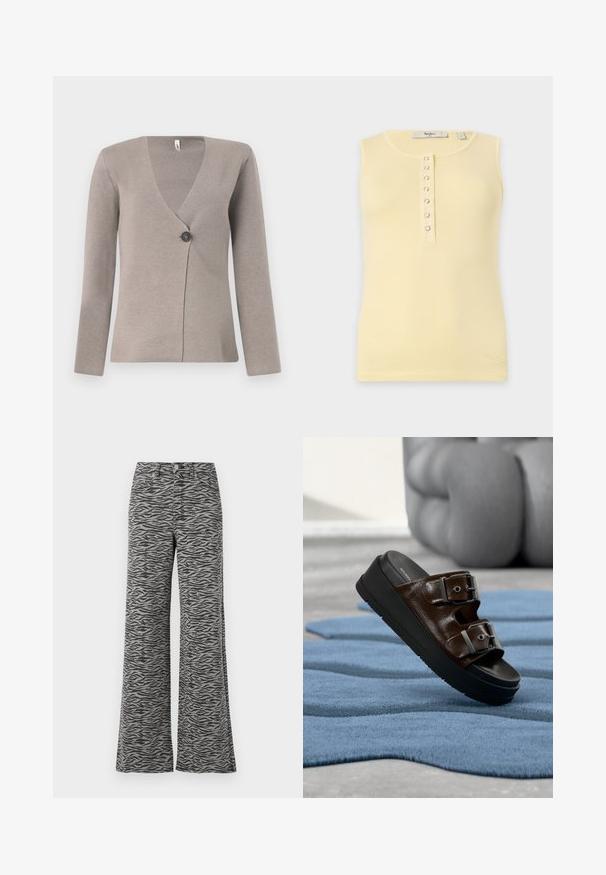 Cárdigan gris claro con mangas largas, escote en V y un solo botón oscuro en la parte delantera, hecho de un material de punto texturizado.; Camiseta sin mangas de color amarillo pálido con canalé, escote redondo y fila vertical de seis botones a presión plateados en el centro delantero.; Pantalones grises de cintura alta con un patrón de rayas de tigre negro, piernas anchas y rectas, cierre de botón y cremallera, y bolsillos frontales.; Sandalia de cuero marrón tipo slide con dos hebillas ajustables plateadas sobre una suela de plataforma negra, descansando sobre una alfombra azul texturizada.