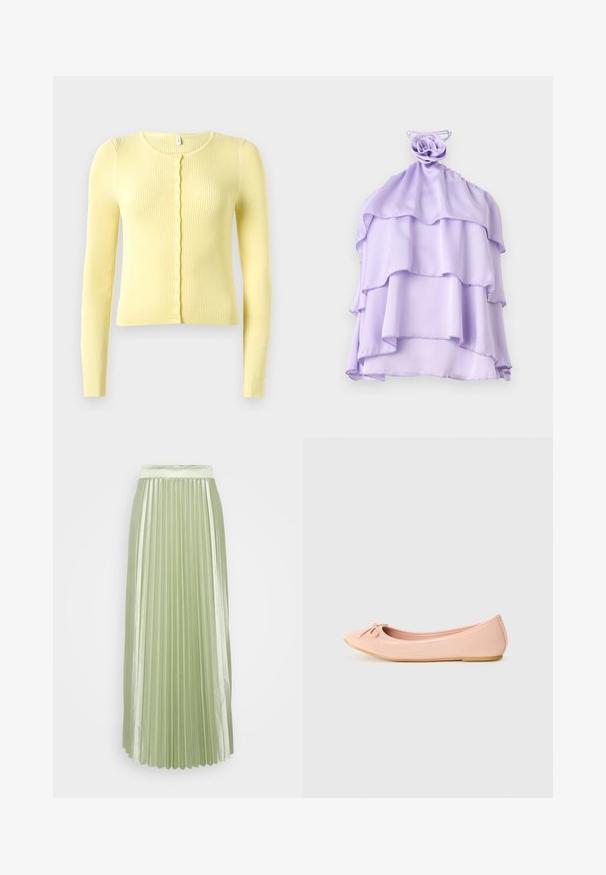 Cardigan jaune à manches longues côtelé avec un col rond et une fermeture à boutons sur toute la longueur, offrant une coupe slim et une texture douce.; Haut lilas en couches fabriqué en tissu léger avec un design froncé et un accent en forme de rose au niveau du col. Texture lisse, sans manches.; Jupe plissée en satin vert clair avec une large taille et des plis verticaux, créant une silhouette lisse et fluide.; Ballerine en matériau synthétique rose clair avec un bout arrondi, ornée d'un petit nœud et d'une semelle flexible.