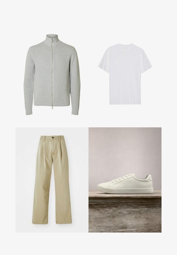 Lysegrå strikket lynlåstrøje med lange ærmer og høj krave, med ribkant ved ærmer og kant, vist mod hvid baggrund.; Hvid bomulds T-shirt med korte ærmer, rund hals og en glat tekstur. Har minimal branding på halsudskæringen.; Beige brede benbukser lavet af bomuldsstof, med høj talje, forneden folder og en enkelt knaplukning.; Hvide snørresneakers svævende over en træbænk med grønne planter i baggrunden, der fremhæver skodesign og tekstur.