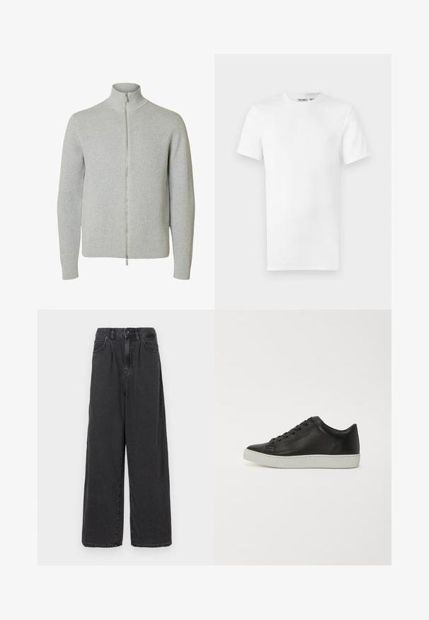 Pull en maille gris clair à fermeture éclair, manches longues et col montant, poignets et bas côtelés, présenté sur fond blanc.; T-shirt blanc uni à manches courtes et col rond, avec une petite étiquette de marque à l'intérieur du col, présenté sur un fond blanc.; Pantalons en denim noir à taille haute, coupe large, avec une fermeture à bouton et zip à l'avant, dotés de poches latérales et d'une texture lisse.; Baskets en cuir noir avec un bout rond, semelle plate en caoutchouc blanc et lacets à six œillets. Texture lisse, style minimaliste.