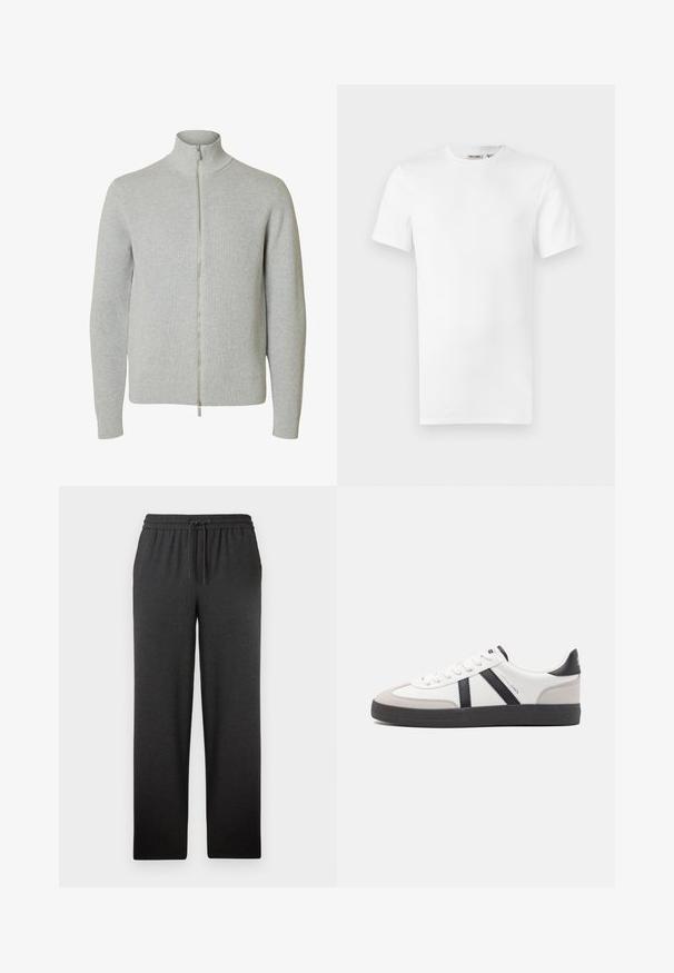 Jersey de punto con cremallera en gris claro, mangas largas y cuello alto, con puños y bajo acanalados, mostrado sobre fondo blanco.; Camiseta blanca lisa de manga corta con cuello redondo y una pequeña etiqueta de la marca en el interior del cuello, mostrada sobre un fondo blanco.; Pantalones negros con cintura elástica y cordón. Confeccionados en una tela suave, tienen un corte recto y una textura mínima. Sin bolsillos visibles.; Zapatilla blanca con acentos en negro y gris, que presenta una puntera texturizada en gris, suela de goma negra y cordones planos blancos. Diseño limpio, estilo minimalista.