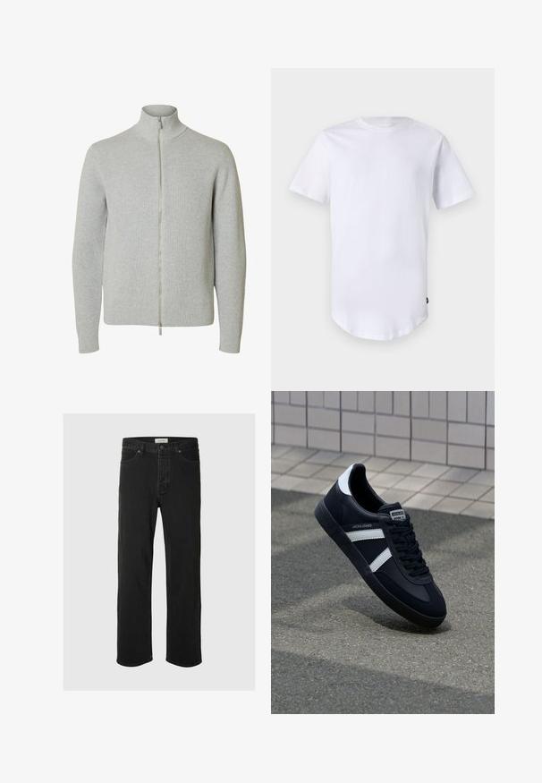 Jersey de punto con cremallera en gris claro, mangas largas y cuello alto, con puños y bajo acanalados, mostrado sobre fondo blanco.; Camiseta blanca de manga corta hecha de algodón. Diseño de cuello redondo con dobladillo curvado. Etiqueta visible en el lado inferior izquierdo. Textura suave.; Los jeans rectos de mezclilla negra presentan un diseño clásico de cinco bolsillos con cierre de botón, costuras mínimas y una textura suave.; Zapatilla de cuero negra con rayas blancas, suela de goma texturizada y parte frontal con cordones. Cuenta con una etiqueta de marca en la lengüeta.