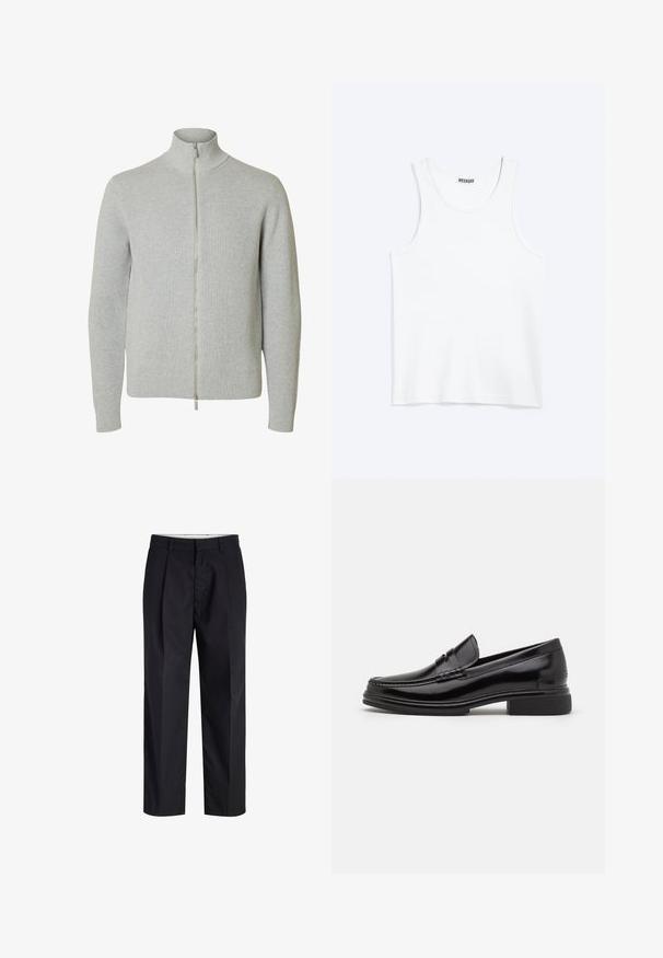 Jersey de punto con cremallera en gris claro, mangas largas y cuello alto, con puños y bajo acanalados, mostrado sobre fondo blanco.; Camiseta sin mangas blanca con cuello redondo y etiqueta de la marca Weekday en el interior del cuello trasero, mostrada plana sobre un fondo claro.; Pantalones negros de tiro recto con cinturilla, trabillas, cremallera frontal y bolsillos laterales mostrados sobre un fondo blanco.; Mocasines de cuero negro con punta redondeada, que presentan un detalle cosido a través del empeine y un tacón bajo y cuadrado. Textura suave y acabado brillante.