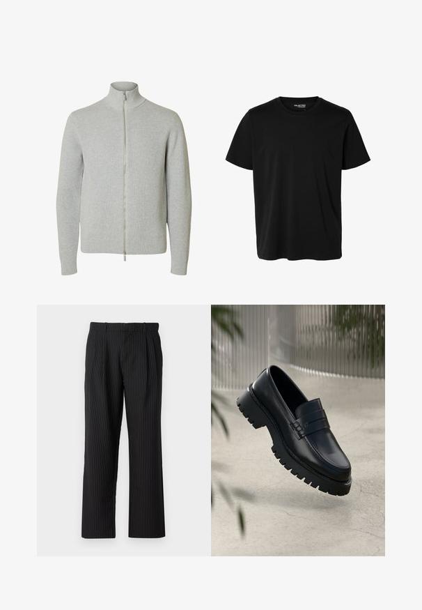 Lysegrå strikket lynlåstrøje med lange ærmer og høj krave, med ribkant ved ærmer og kant, vist mod hvid baggrund.; Ensfarvet sort t-shirt med korte ærmer og rund hals, herrepasform, uden synlige mønstre eller logoer foran.; Jack & Jones Classic Wide Leg Fit - Bukser - black; Sorte læder loafers med en chunky sål, der har en dekorativ rem og syninger. Glat tekstur med en poleret overflade.