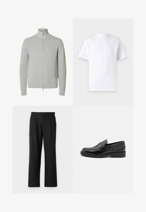 Pull en maille gris clair à fermeture éclair, manches longues et col montant, poignets et bas côtelés, présenté sur fond blanc.; T-shirt blanc à manches courtes en coton avec un col rond, présentant une texture lisse et un design simple, sans motifs ni accents.; Jack & Jones JPSTBILL JJDAYTONA WIDE CHINO - Chino - black; Mocassins en cuir noir avec une finition lisse, un bout rond, un petit talon et descoutures décoratives à l'avant. Semelle en caoutchouc pour l'adhérence.