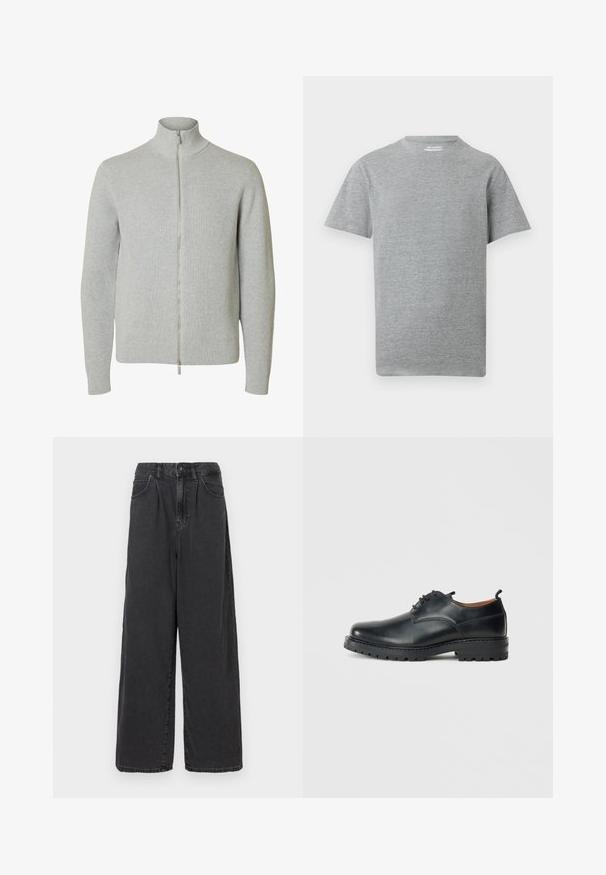 Jersey de punto con cremallera en gris claro, mangas largas y cuello alto, con puños y bajo acanalados, mostrado sobre fondo blanco.; Camiseta gris lisa de manga corta y cuello redondo con una pequeña etiqueta blanca "ONLY & SONS" dentro del cuello.; Pantalones de denim negros de tiro alto y pierna ancha, con cierre de botón y cremallera en el frente, que cuentan con bolsillos laterales y una textura suave.; Zapatos derby de cuero negro con una textura suave, punta redondeada, diseño de cordones y una suela de goma gruesa y resistente.