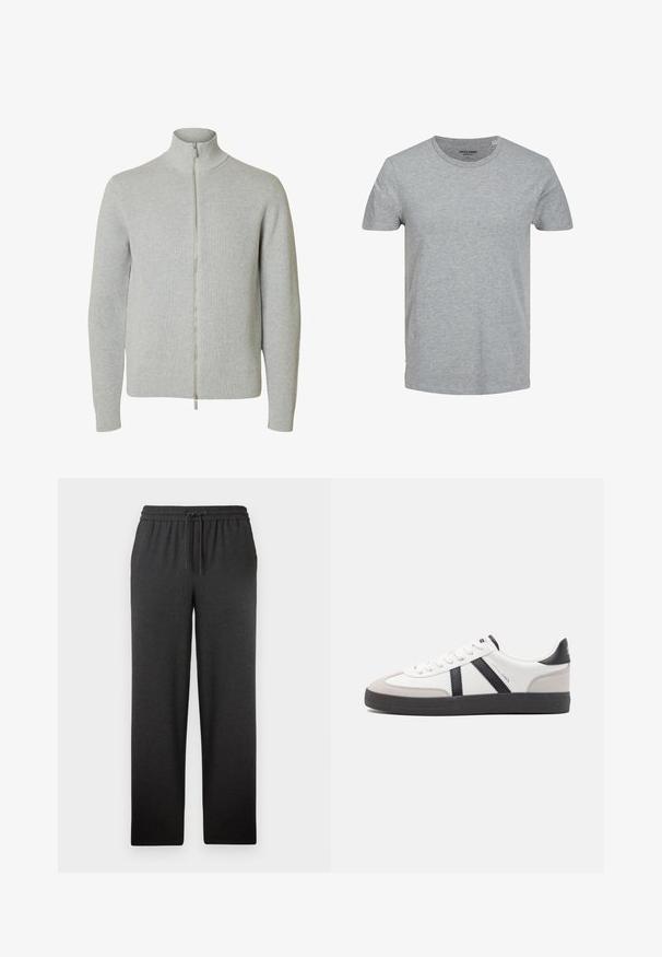Pull en maille gris clair à fermeture éclair, manches longues et col montant, poignets et bas côtelés, présenté sur fond blanc.; T-shirt gris à manches courtes en coton doux. Doté d'un col ras du cou classique et d'une coupe régulière. Design simple sans motifs ni accents.; Pantalons noirs à taille élastique avec cordon de serrage. Fabriqués en tissu doux, ils ont une coupe droite et une texture minimale. Aucun poche visible.; Baskets blanches avec des accents noirs et gris, présentant un embout texturé gris, une semelle en caoutchouc noir et des lacets plats blancs. Design épuré, style minimaliste.