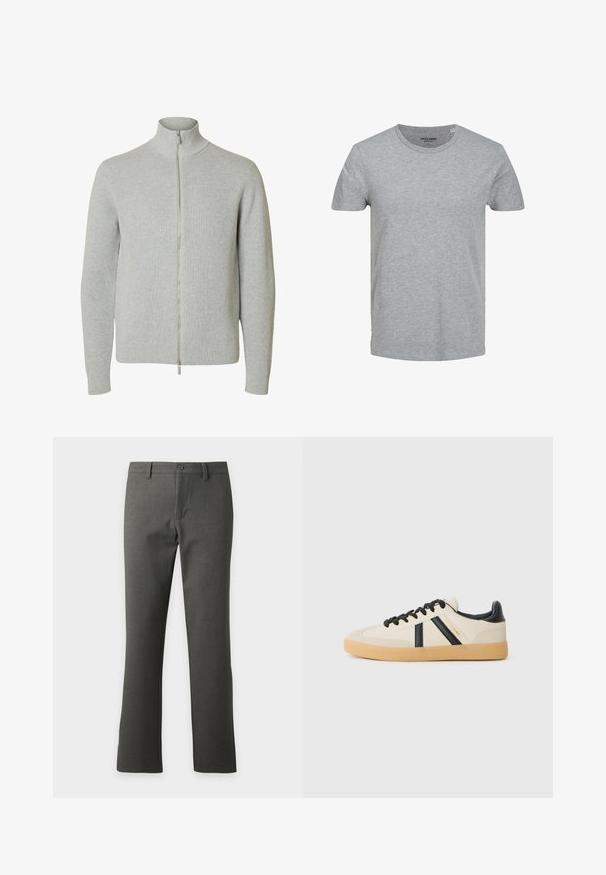 Jersey de punto con cremallera en gris claro, mangas largas y cuello alto, con puños y bajo acanalados, mostrado sobre fondo blanco.; Camiseta gris de manga corta hecha de suave algodón. Presenta un cuello redondo clásico y un corte regular. Diseño sencillo sin patrones ni acentos.; Pantalones gris oscuro de corte recto con trabillas para cinturón, cierre de botón y cremallera, mostrados sobre un fondo claro y sencillo.; Zapatillas casuales en crema con rayas negras, con parte superior texturizada y suela de goma. Los cordones son negros. Logo sutil en el costado.