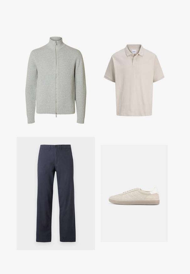 Lysegrå strikket lynlåstrøje med lange ærmer og høj krave, med ribkant ved ærmer og kant, vist mod hvid baggrund.; Beige kortærmet polo med subtile lodrette striber, en klassisk krave og en to-knaps stolpe.; Mørkeblå, lige ben-bukser lavet af bomuldsblanding. Har en knaplukning foran, bæltestropper og to sidelommer.; Beige ruskindssneaker med en tekstureret overdel, glat hvid hælkappe, tynde snørebånd og en gummi-ydersål. Har et lavt profil design.