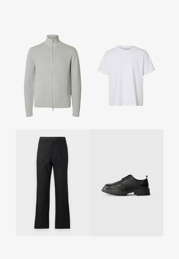 Lysegrå strikket lynlåstrøje med lange ærmer og høj krave, med ribkant ved ærmer og kant, vist mod hvid baggrund.; Enkelt hvid kortærmet T-shirt med rund hals, almindelig pasform og glat stofstruktur, vist på en hvid baggrund.; Sorte bukser med lige ben, bæltestropper, knaplukning og forlommer, vist på en ens grå baggrund.; Sorte læder snøresko med rund tå, tekstureret overflade og kraftig gummisål med dybe riller for bedre greb.