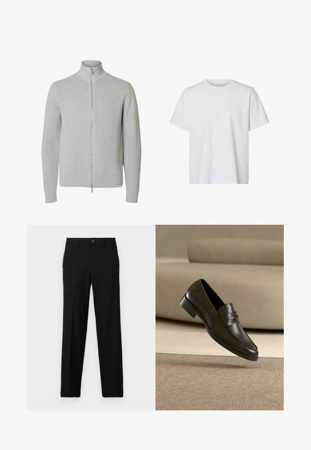 Lichtgrijze gebreide trui met rits, lange mouwen en hoge kraag, geribde boorden en zoom, getoond tegen een witte achtergrond.; Effen wit T-shirt met korte mouwen en ronde hals, met een regular fit en een gladde stoftextuur, weergegeven op een witte achtergrond.; Zwarte broek van gladde stof, met een rechte snit, een knoopsluiting aan de taille en geen zichtbare patronen of accenten.; Zwarte leren loafer zwevend boven een beige tapijt met een beige bank op de achtergrond, met een klassiek mannenmodel instapontwerp.