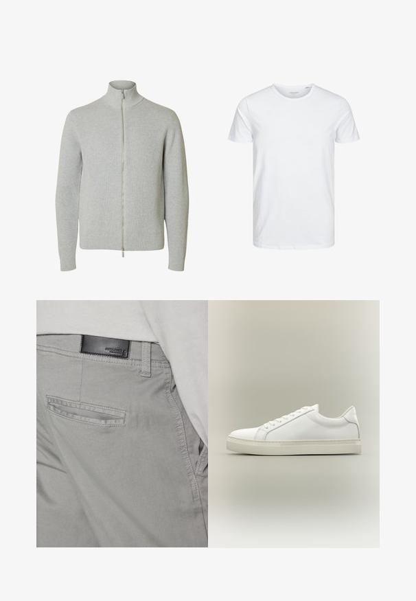 Lysegrå strikket lynlåstrøje med lange ærmer og høj krave, med ribkant ved ærmer og kant, vist mod hvid baggrund.; Rundhals kortærmet t-shirt i ensfarvet hvid, lavet af blød bomuld, har et simpelt design uden synlige mønstre eller detaljer.; Grå bukser med en glat tekstur, der har en baglomme med en vandret åbning og en lille sort lædermærkat nær linningen.; Hvid lavtop sneaker med snørebånd foran og tyk sål, vist fra siden mod en neutral baggrund.