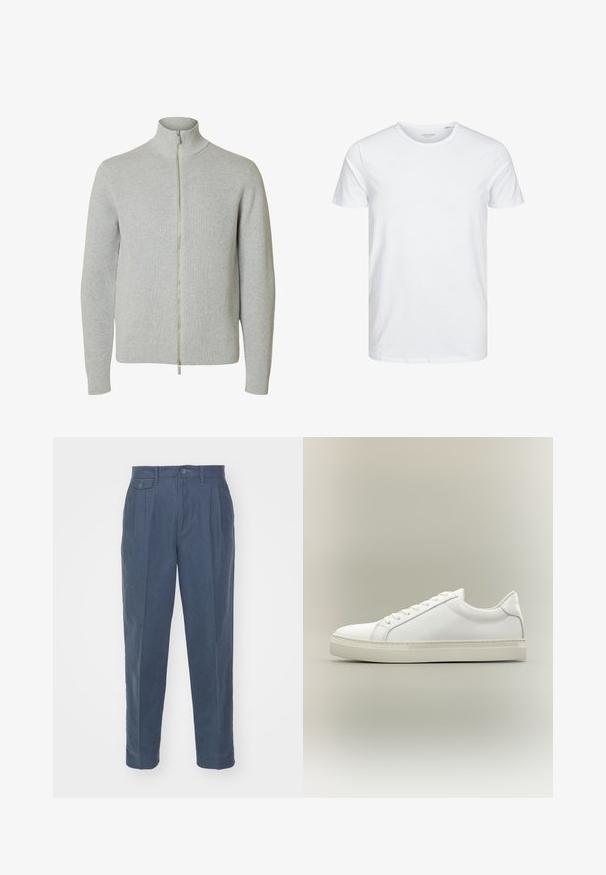 Jersey de punto con cremallera en gris claro, mangas largas y cuello alto, con puños y bajo acanalados, mostrado sobre fondo blanco.; Camiseta de manga corta y cuello redondo en blanco sólido, fabricada en algodón suave, presenta un diseño simple sin patrones ni acentos visibles.; Only & Sons ONSPALE NEW LOOSE PANT - Pantalones - dark slate; Zapatilla blanca de perfil bajo con cordones en la parte delantera y suela gruesa, mostrada de lado sobre un fondo neutro.