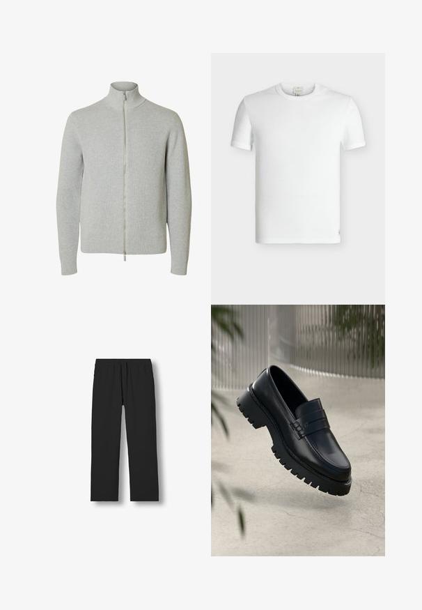 Jersey de punto con cremallera en gris claro, mangas largas y cuello alto, con puños y bajo acanalados, mostrado sobre fondo blanco.; Camiseta básica blanca de algodón con mangas cortas, tejido acanalado, cuello redondo y una pequeña etiqueta cosida cerca del dobladillo inferior.; Pantalones negros de pierna recta con cintura elástica y cordón, mostrados extendidos sobre un fondo blanco.; Mocasines de cuero negro con suela gruesa, que presentan una correa decorativa y detalles de costura. Textura suave con un acabado pulido.