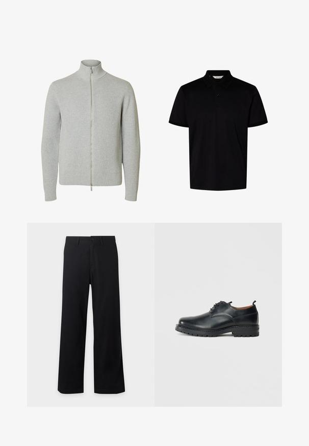 Jersey de punto con cremallera en gris claro, mangas largas y cuello alto, con puños y bajo acanalados, mostrado sobre fondo blanco.; Polo negro de manga corta con cuello y dos botones en el escote, exhibido sobre un fondo blanco liso.; Pantalones negros de pierna ancha con cierre de botones frontales y trabillas para cinturón, mostrados planos sobre un fondo claro.; Zapatos derby de cuero negro con una textura suave, punta redondeada, diseño de cordones y una suela de goma gruesa y resistente.