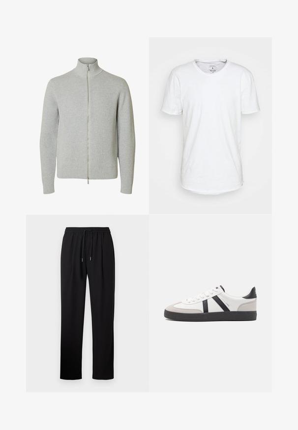 Lysegrå strikket lynlåstrøje med lange ærmer og høj krave, med ribkant ved ærmer og kant, vist mod hvid baggrund.; Hvid kortærmet T-shirt lavet af bomuld med en klassisk rund halsudskæring. Har en let buet kant og minimale syninger.; Sorte bukser med elastisk talje og snøre. Glat tekstur, lige ben-design og ingen synlige mønstre eller hardware-detaljer.; Hvide sneakers med sorte og grå detaljer, med en tekstureret grå tåhætte, sort gummisål og flade hvide snørebånd. Rent design, minimalistisk stil.