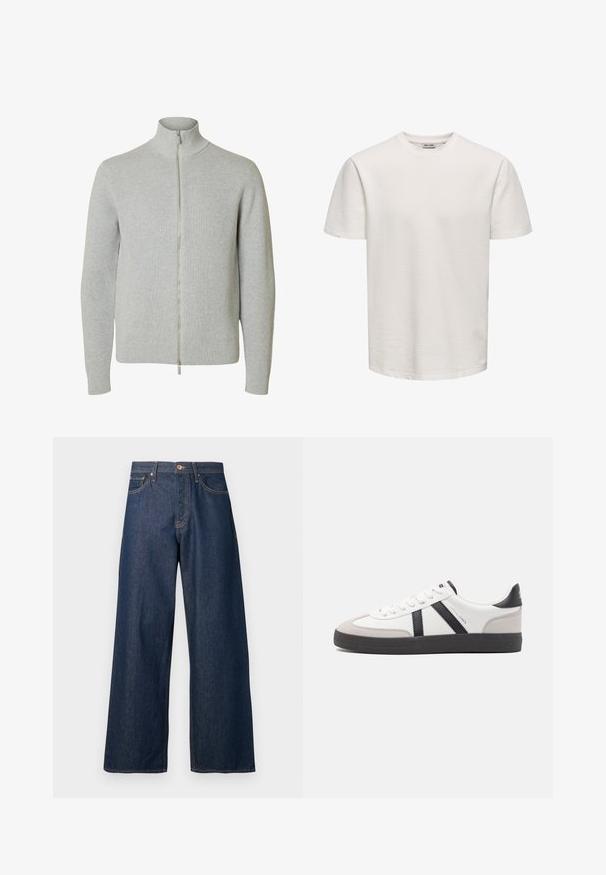 Jersey de punto con cremallera en gris claro, mangas largas y cuello alto, con puños y bajo acanalados, mostrado sobre fondo blanco.; Camiseta blanca lisa de manga corta con textura y cuello redondo, expuesta sobre un fondo neutro, sin logotipos ni diseños visibles.; Jeans de pierna ancha hechos de mezclilla oscura con costuras naranjas, con cinco bolsillos, cierre frontal de botones y una silueta recta.; Zapatilla blanca con acentos en negro y gris, que presenta una puntera texturizada en gris, suela de goma negra y cordones planos blancos. Diseño limpio, estilo minimalista.