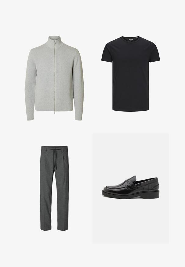 Jersey de punto con cremallera en gris claro, mangas largas y cuello alto, con puños y bajo acanalados, mostrado sobre fondo blanco.; Camiseta de algodón negra con cuello redondo, mangas cortas y un diseño sencillo. Textura suave, sin patrones ni herrajes visibles.; Pantalones grises a medida con un patrón texturizado, que cuenta con una cintura con cordón y dos bolsillos laterales. Diseño de pierna recta, sin puños.; Mocasines de cuero negro con un acabado suave, punta redondeada, tacón bajo y costura decorativa en la parte delantera. Suela de goma para mayor agarre.