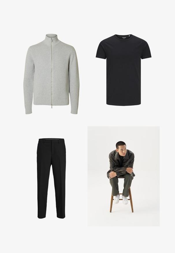 Hellgrauer gestrickter Reißverschluss-Pullover mit langen Ärmeln und hohem Kragen, gerippte Bündchen und Saum, vor weißem Hintergrund abgebildet.; Schwarzes Baumwoll-T-Shirt mit Rundhalsausschnitt, kurzen Ärmeln und schlichtem Design. Glatte Textur, keine Muster oder sichtbare Beschläge.; Schwarze Hose aus glattem Material, mit geradem Schnitt, Gürtelschlaufen und flachem Vorderteil ohne sichtbare Muster oder Verzierungen.; Junger Mann in dunkler Lederjacke und Jeans sitzt auf einem Holzstuhl, lehnt sich mit verschränkten Armen nach vorne und schaut seitlich vor weißem Hintergrund.
