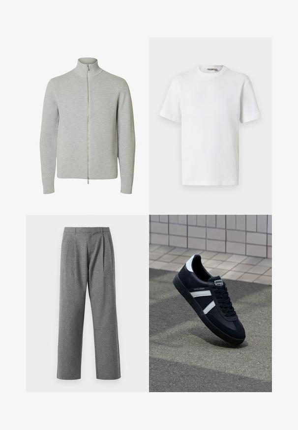 Lysegrå strikket lynlåstrøje med lange ærmer og høj krave, med ribkant ved ærmer og kant, vist mod hvid baggrund.; Hvid kortærmet t-shirt i vaffelmønster med rund hals og et lille mærke med brandnavn inde i kraven, vist på en ensfarvet baggrund.; Grå, lige ben bukser lavet af tekstureret stof, med plisseringer foran og et almindeligt taljebånd, uden synlige lommer.; Sort lædersneaker med hvide striber, tekstureret gummisål og snørrebånd foran. Har et brandet mærke på tungen.