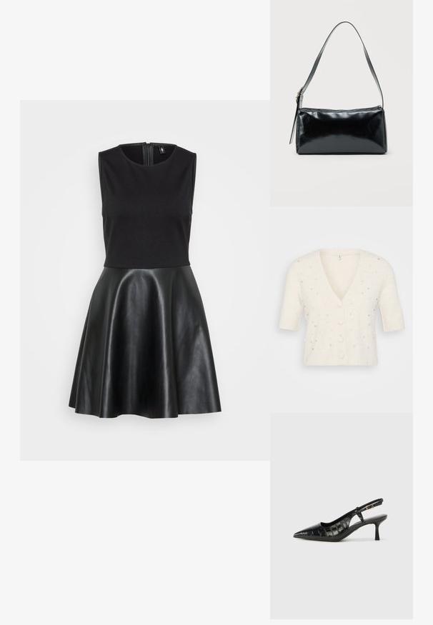 Cárdigan de manga corta con cuello en V en color crema, hecho de un material suave, con adornos decorativos de perlas y pedrería y cierre de botones.; Vestido negro con un top ajustado sin mangas de tela suave y una falda de cuero brillante y acampanada. Presenta un cierre de cremallera en la parte posterior.; Tacones negros tipo slingback con punta afilada y un patrón texturizado con relieve de cocodrilo. Incluyen una correa estrecha en el tobillo y un tacón pequeño.; Bolso de hombro rectangular negro con una correa ajustable y un cierre de cremallera superior sobre un fondo liso.