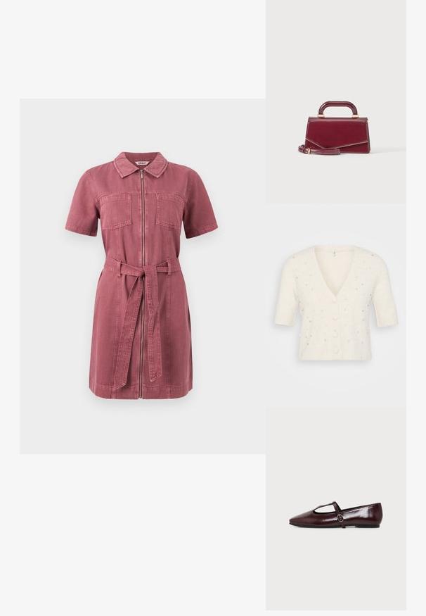 Kortærmet cardigan med V-hals i cremefarve, lavet af blødt materiale, med dekorative perle- og rhinstenudsmykninger samt knaplukning.; Kortærmet støvet rosa denimkjole med frontlynlås, to brystlommer, krave og matchende stofbælte bundet i taljen.; Mørk burgunderfarvet flad lædersko med spids tå og en tynd T-rem med en sølvspænde på en hvid baggrund.; Lille blank bordeaux håndtaske med topgreb og aftagelig skulderrem, vist mod en ensfarvet lys baggrund.