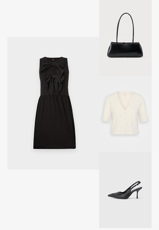 Cárdigan de manga corta con cuello en V en color crema, hecho de un material suave, con adornos decorativos de perlas y pedrería y cierre de botones.; Vestido negro sin mangas con dos grandes lazos en la parte frontal. Elaborado con tela suave, cuenta con un corsé ajustado y una falda fluida.; Sandal de tacón stiletto negro de cuero con punta afilada, correa lateral con hebilla, tachuelas a lo largo del borde y cordones decorativos en la parte delantera.; Bolso de hombro rectangular negro con correas largas y delgadas y una textura lisa y brillante sobre un fondo liso.