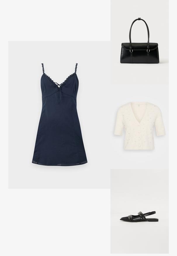 Kurzärmlige V-Ausschnitt-Cardigan in Cremefarbe, aus weichem Material gefertigt, mit dekorativen Perlen- und Strassverzierungen sowie Knopfverschluss.; Marineblaues ärmelloses Slip-Kleid mit Spitze am Ausschnitt, verstellbarer Schleife vorne und tailliertem Schnitt, flach auf hellem Hintergrund liegend dargestellt.; Even&Odd by Zalando Sling-Ballerina - black; Schwarze, rechteckige Lederhandtasche mit Klappverschluss und zwei langen Griffen vor weißem Hintergrund.