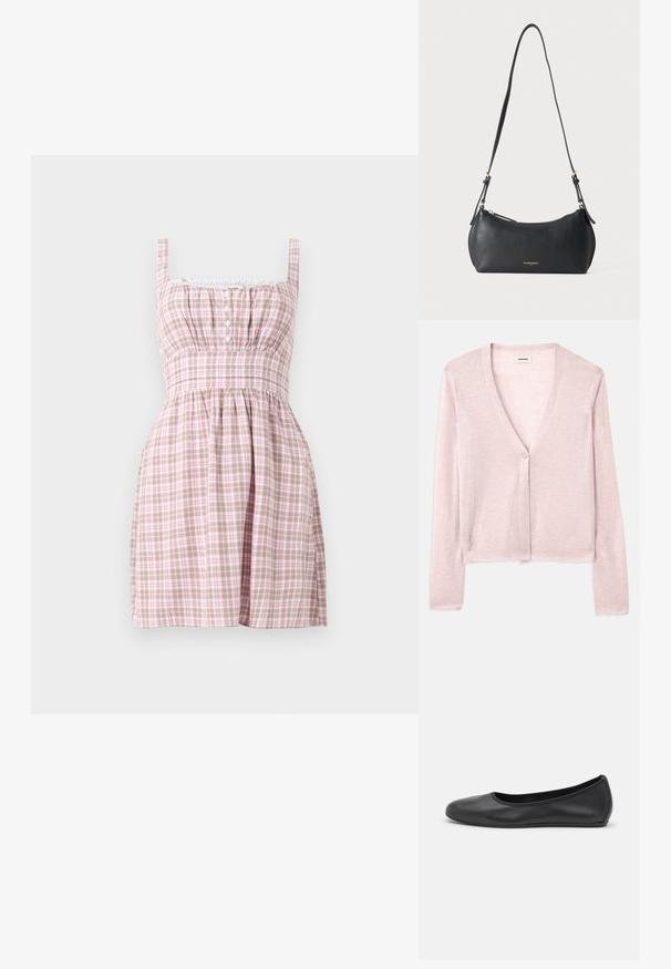 Lys pink cardigan, cropped design, lange ærmer, v-hals, enkelt knaplukning, blød tekstur, subtil strikket mønster og rå kantdetaljer.; Ærmeløs knælængde kjole med lyserødt, beige og hvidt ternet mønster, firkantet udskæring, knaplukning foran og rynket talje.; Sort læderballetsko med rund tå, glat tekstur, minimal syning og et fleksibelt såldesign.; Lille sort læder skuldertaske med justerbar rem og gyldent lynlås, med subtilt gyldent brandtekst foran.