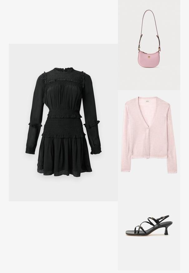 Lys pink cardigan, cropped design, lange ærmer, v-hals, enkelt knaplukning, blød tekstur, subtil strikket mønster og rå kantdetaljer.; Langærmet sort kjole med smocket bodice og talje, flæser ved skuldre, manchetter og kant, plisseret skørt og høj halsudskæring.; Sorte lakerede sandaler med stropper, kvadratisk tå og en lav blokhæl. Udstyret med guldfarvet hardware og justerbare ankelremme.; Lyserød skuldertaske i læder med en buet form, guldfarvet hardware og en sort rem. Har en lille logo på forsiden.
