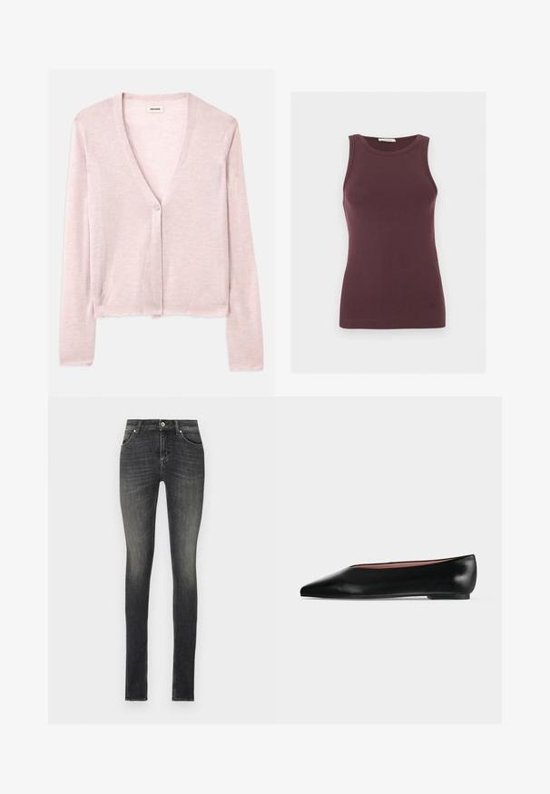 Lys pink cardigan, cropped design, lange ærmer, v-hals, enkelt knaplukning, blød tekstur, subtil strikket mønster og rå kantdetaljer.; Ærmeløs mørkelilla tætsiddende tanktop med rund halsudskæring og subtilt logo nær kanten, vist på en ensfarvet lys baggrund.; Stramme jeans i mørkegrå denim med en mellem-højde talje, forlommer og diskrete fading effekter for et struktureret udseende.; Sort damesko i læder med flad hæl og spids tå, vist fra siden på en ensfarvet lys grå baggrund.