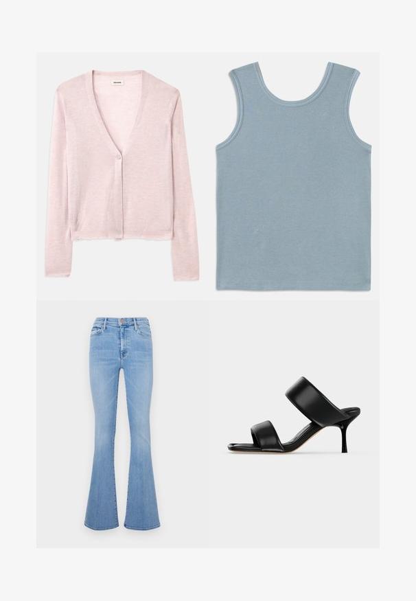 Lys pink cardigan, cropped design, lange ærmer, v-hals, enkelt knaplukning, blød tekstur, subtil strikket mønster og rå kantdetaljer.; Lys blå tanktop lavet af ribbet stof. Har en rund halsudskæring og brede ærmegab. Flade sømme ved kanterne og en lige afslutning.; Lyseblå flagrende jeans med høj talje, lavet af denimstof, med frontlommer og en subtil falmet tekstur.; Sort læder mule sandal med to brede remme og en slank mellemhøj stiletthæl på en ensartet lys baggrund.