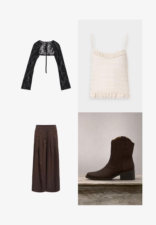 Even&Odd Gilet - black; Camisole en dentelle de couleur beige clair avec des bretelles fines ajustables, un ourlet froncé et une texture à motifs complexes sur l'ensemble du tissu.; Pantalon marron à jambes larges avec plis devant et taille ajustée, fabriqué en tissu léger, présenté sur fond blanc.; Bottine en daim brun foncé avec un talon bas, coutures décoratives et languettes, présentée sur une surface en bois avec un arrière-plan d'herbe.