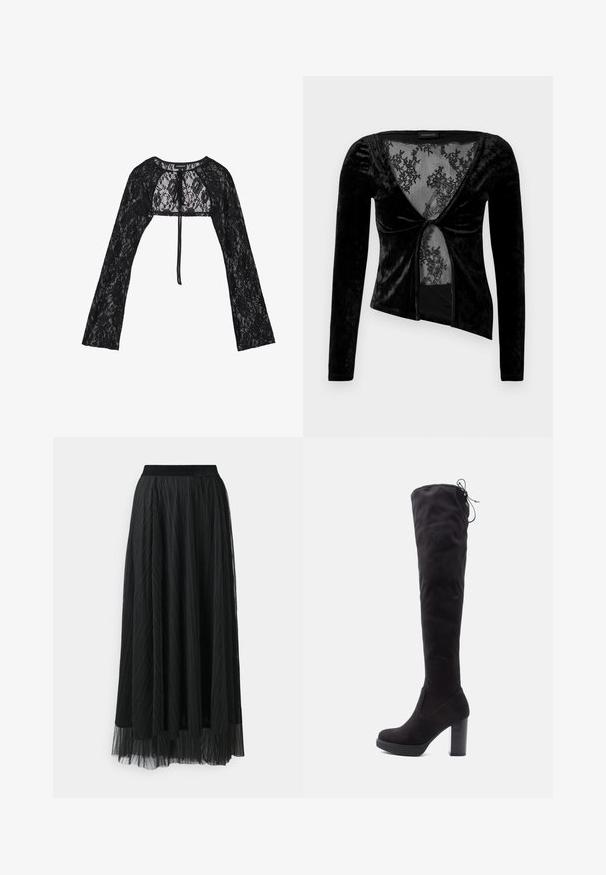 Even&Odd Gilet - black; Haut en velours noir à manches longues avec un décolleté plongeant, présentant un insert en dentelle et un détail en front tordu. Texture lisse, design ajusté.; Jupe maxi plissée noire avec une taille en velours, dotée d'un tulle transparent à l'ourlet et d'un design fluide, idéale pour les occasions habillées.; Bottes noires au-dessus du genou en suede doux, avec un talon épais, une semelle plateforme et un détail en lacets en haut pour un ajustement réglable.