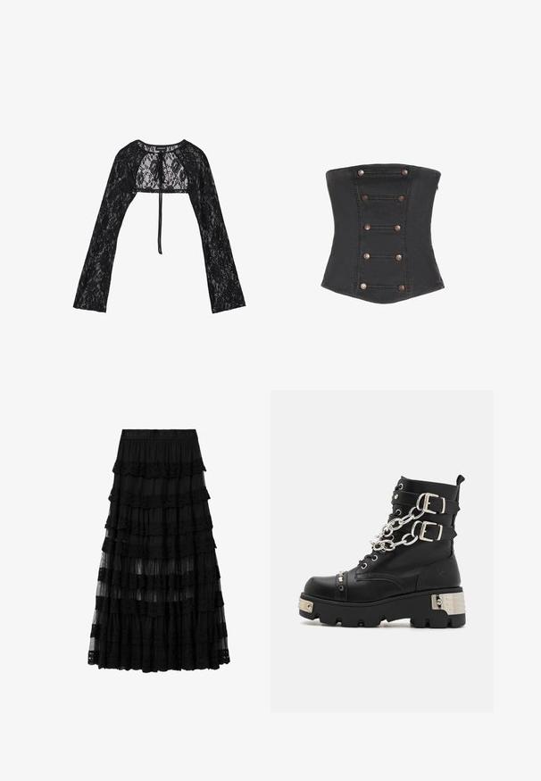 Even&Odd by Zalando Gilet - black; Corset noir sans bretelles avec six paires de boutons décoratifs en cuivre disposés verticalement à l'avant.; Jupe midi en dentelle noire à volants avec une taille élastique embossée du nom de la marque, avec des panneaux de tissu superposés transparents et opaques.; Koi Footwear SHACKLED SHADOWS HEAVY DUTY CHAIN - Bottines de cowboy / motard - black