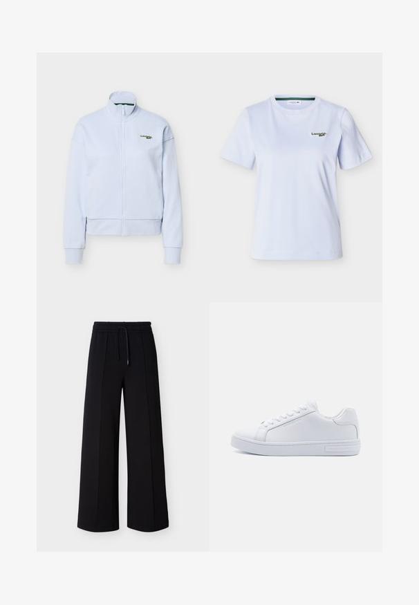 Veste zippée bleu clair avec col montant et manches longues, arborant un petit logo Lacoste vert sur la poitrine gauche.; T-shirt blanc à manches courtes et col rond avec petit logo Lacoste vert brodé sur la poitrine gauche.; Pantalon noir à jambes larges en tissu doux, doté d'une ceinture élastique avec cordon de serrage et de coutures latérales pour une coupe décontractée.; Baskets basses en cuir blanc avec bout rond, semelle en caoutchouc plate et détail de logo sur le côté. Comprend six paires d'œillets et des accents texturés.
