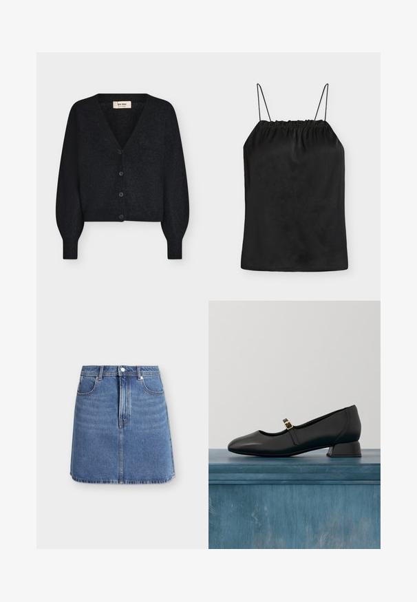 Sort blød strikket cropped cardigan med V-hals, lange puffede ærmer og fire knapper foran, vist på hvid baggrund.; Sort satin camisole med tynde spaghettistropper og samlet elastisk halsudskæring, vist på en ensartet lys baggrund.; Blå denim A-formet nederdel med frontknapper og lynlås, bæltestropper og to forlommer på en ensfarvet baggrund.; Sort læder Mary Jane-sko med lav blokhæl og guldbeslag, svævende over en betonbund med en tekstureret, gennemsigtig baggrund.