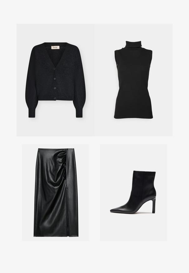 Mustast pehmest kudumist lühike kardigan V-kaelusega, pikad padjatud varrukad ja neli ees olevat nööpi, esitatuna valgel taustal.; Must mustriga mustata turtleneck-särgid, valmistatud ribakujulisest kangast, kõrge kaelusega ja kehasse kinnitatud siluett. Sujuv tekstuur ja minimaalne disain.; Must värviline nahkseelik sileda tekstuuriga, featuring ühel küljel kogutud osa ja külgauk, mis annab lisadetaile.; Zign Kõrge kontsaga poolsaapad - black