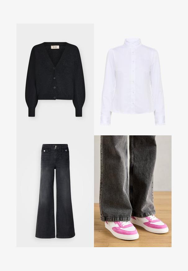 Schwarze weiche, kurze Strickjacke mit V-Ausschnitt, langen gepufften Ärmeln und vier vorderen Knöpfen, auf weißem Hintergrund gezeigt.; Weiße Bluse mit langen Ärmeln, hohem Rüschenkragen, Knopfleiste vorne und gerüschten Manschetten, auf weißem Hintergrund dargestellt.; Schwarze Denim-Jeans mit weitem Bein und hoher Taille, mit vorderen Knöpfen und zwei Vordertaschen; glatte Textur mit leichtem Verwaschungsfinish.; Weiße und pinke Sneakers mit Wildlederakzenten, kombiniert mit einer dunkelgrauen weitgeschnittenen Jeans, die auf einem Holzboden stehen.