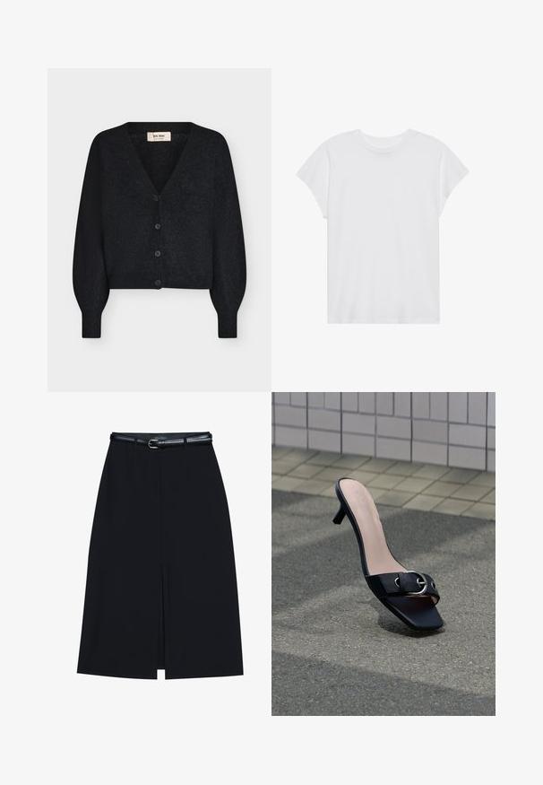 Sort blød strikket cropped cardigan med V-hals, lange puffede ærmer og fire knapper foran, vist på hvid baggrund.; Hvid kortærmet t-shirt med rund hals, afslappet pasform, lavet af blødt bomuldsstof. Glat tekstur, ingen mønstre eller logoer.; Sort knælang nederdel med en foran slids, lavet af glat stof. Har et tyndt sort bælte med en sølvfarvet spænde og bæltestropper.; Sort højhælet mule-sandal med firkantet tå, sølvspænde på rem, placeret på asfalt nær flisebelagt væg.