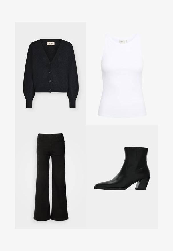 Schwarze weiche, kurze Strickjacke mit V-Ausschnitt, langen gepufften Ärmeln und vier vorderen Knöpfen, auf weißem Hintergrund gezeigt.; Weißes, geripptes Tanktop mit Rundhalsausschnitt und ohne Ärmel. Elastisches Material und figurbetontes Design. Das Etikett auf der Rückseite trägt die Aufschrift "GESTUZ."; Schwarze, weit geschnittene Jeanshose aus Denim, mit vorderen Taschen, Knopfverschluss und einer glatten Textur mit sauberem Finish.; Schwarze Leder-Stiefelette mit spitzem Zeh, schlanker Silhouette und klobigem quadratischem Absatz. Glatte Textur mit minimalen Nähdetails.