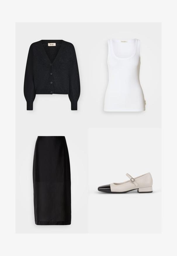 Cárdigan negro de punto suave y cropped con escote en V, mangas largas abullonadas y cuatro botones delanteros, mostrado sobre fondo blanco.; Camiseta sin mangas blanca con canalé, escote redondo y tirantes anchos. Presenta una etiqueta con el logo en el dobladillo lateral. Hecha de tela suave y elástica.; Falda midi negra con un diseño recto, hecha de una tela suave. Presenta una cinturilla y un dobladillo a la altura de la rodilla.; Zapato estilo Mary Jane en cuero crema con puntera de charol negro. Presenta una punta redonda, tirante en el tobillo con una hebilla cuadrada y un tacón bajo y cuadrado.