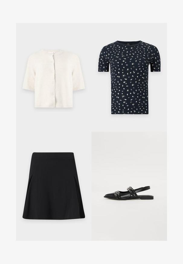 Cardigan en maille crème à manches courtes avec col rond et cinq boutons sur le devant, sur un fond clair uni.; T-shirt bleu marine à manches courtes avec un petit motif floral blanc et un col rond sur un fond uni.; Jupe noire trapèze avec de légers plis sur les côtés, ceinture plate et texture de tissu lisse.; Even&Odd by Zalando Ballerines à brides arrière - black